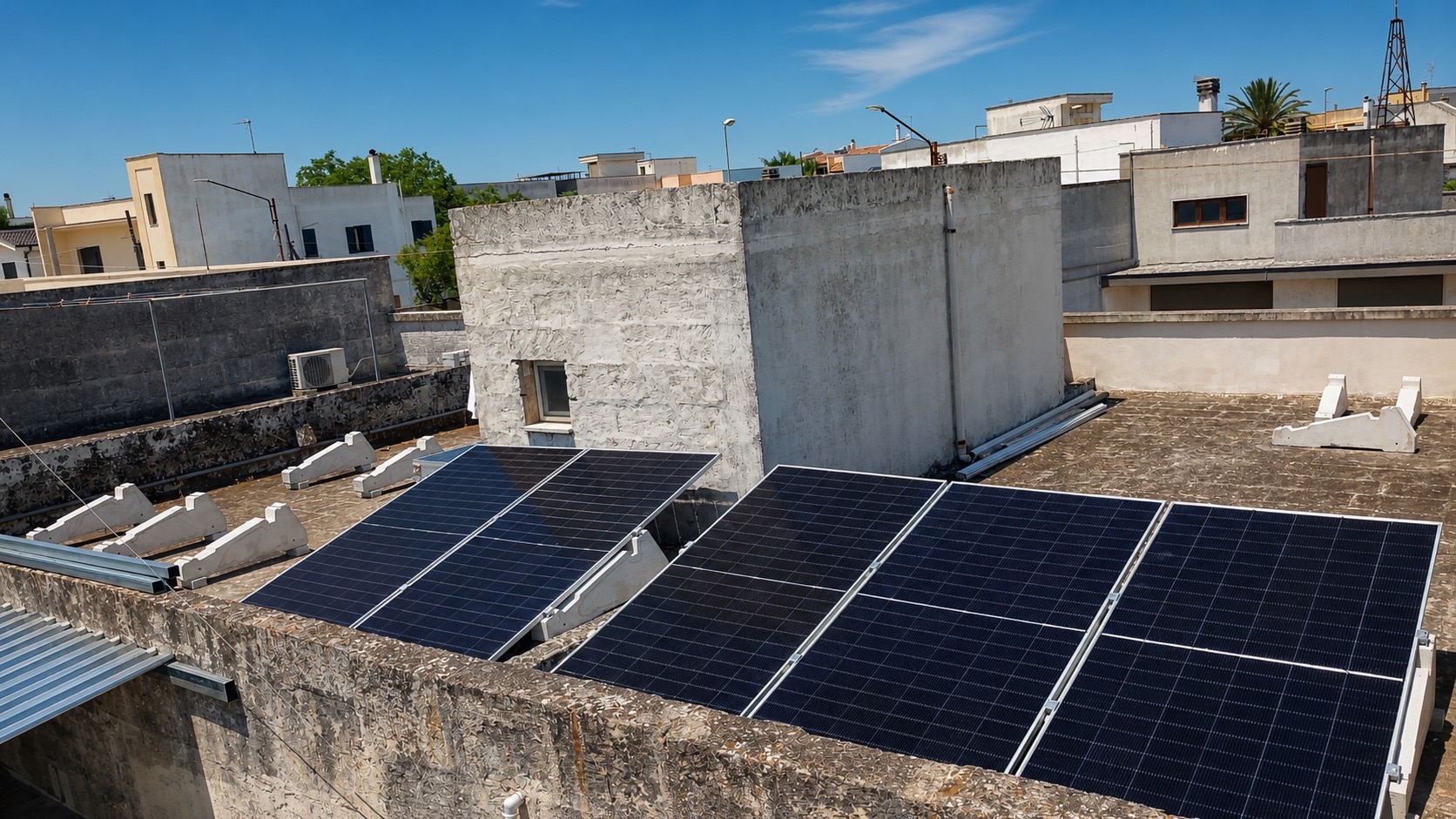 Pannelli fotovoltaici installati su un tetto urbano in provincia di Lecce